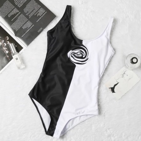 V Neck One-Piece Swimsuit Black and White T